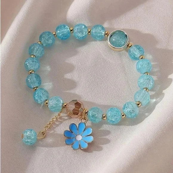⚠️Clearance Blue And Gold Flower Charm Beaded Bracelet SS - Picture 4 of 6